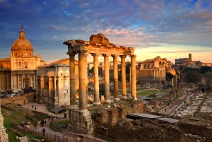 Temple of Saturn, Arch of Septimius Severus, Colosseum in the background, Roman Forum